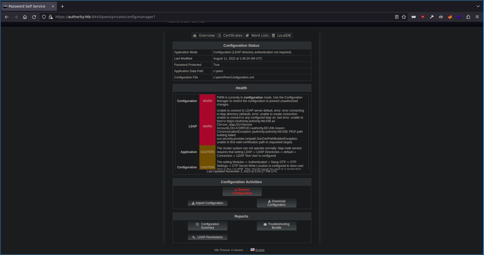 Config manager page after logging in