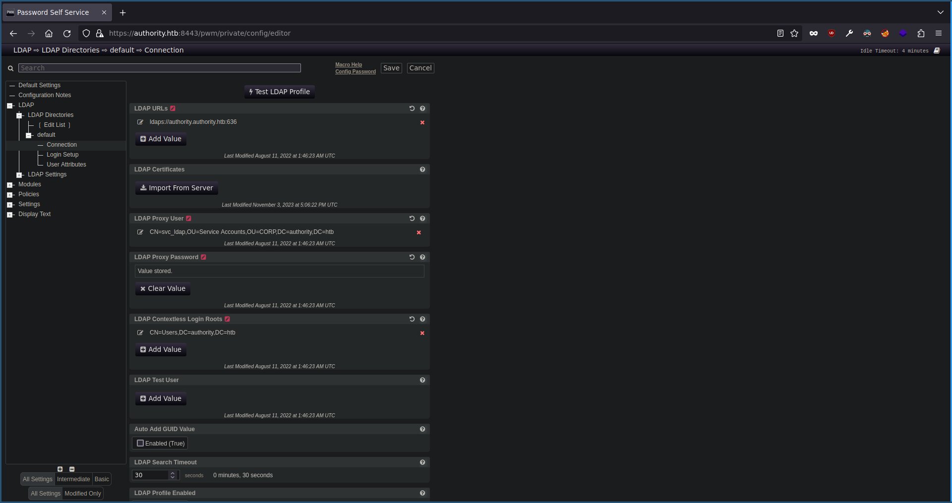 ldap connection settings of the PWM application