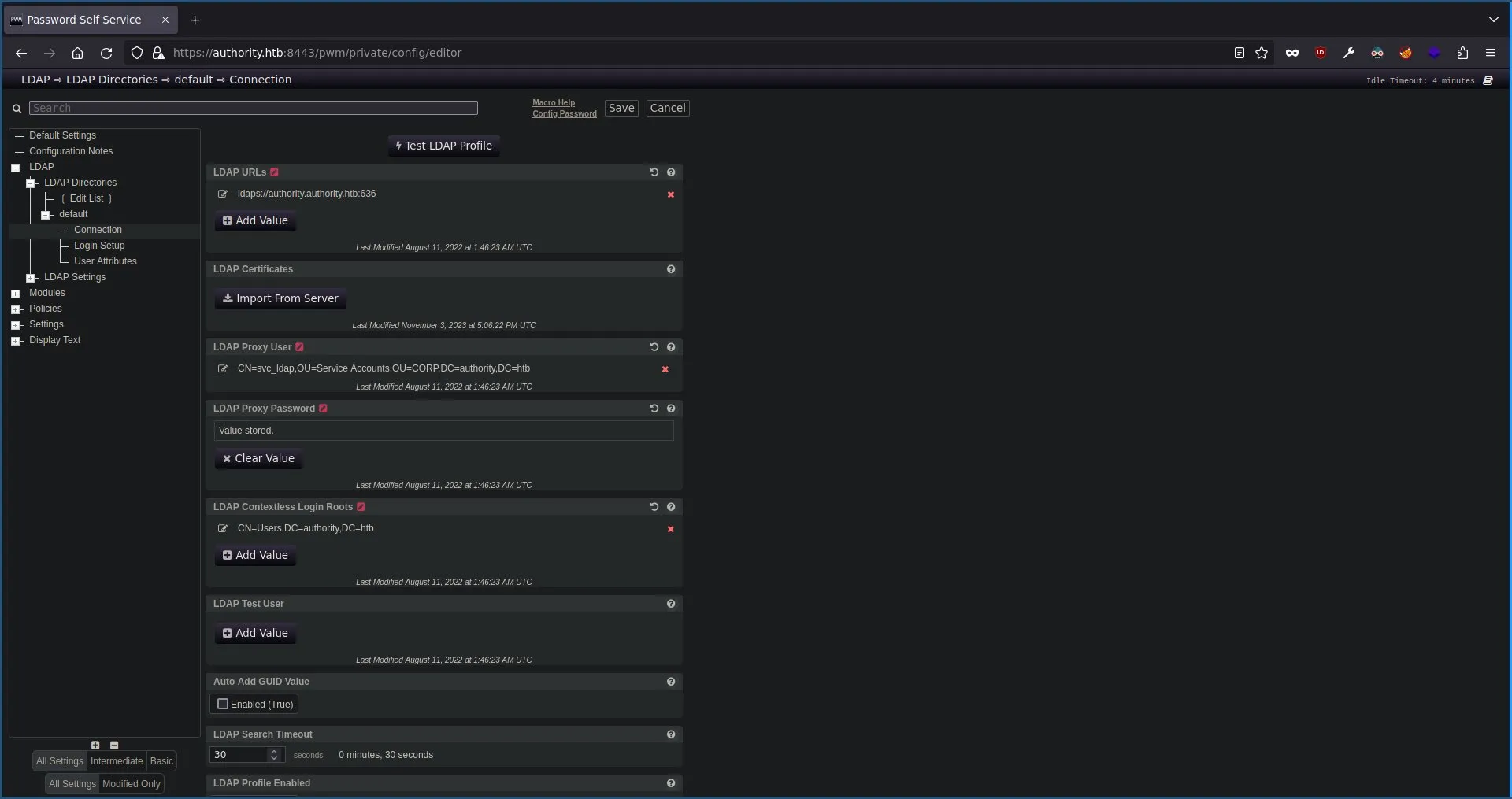 ldap connection settings of the PWM application