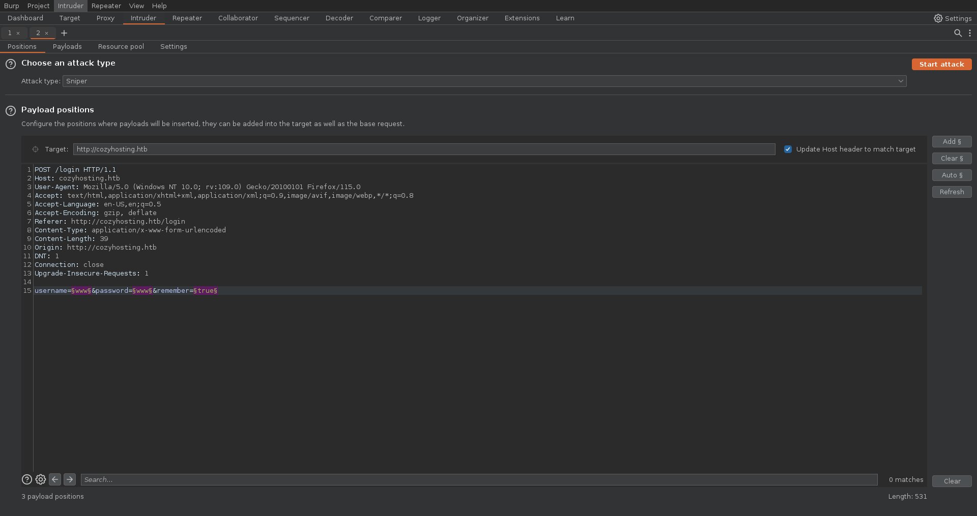 Burp suite intruder windows showing the fuzzed fields