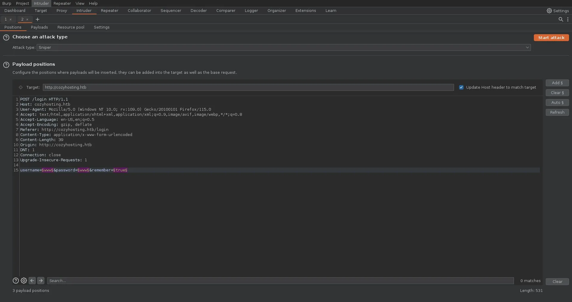 Burp suite intruder windows showing the fuzzed fields