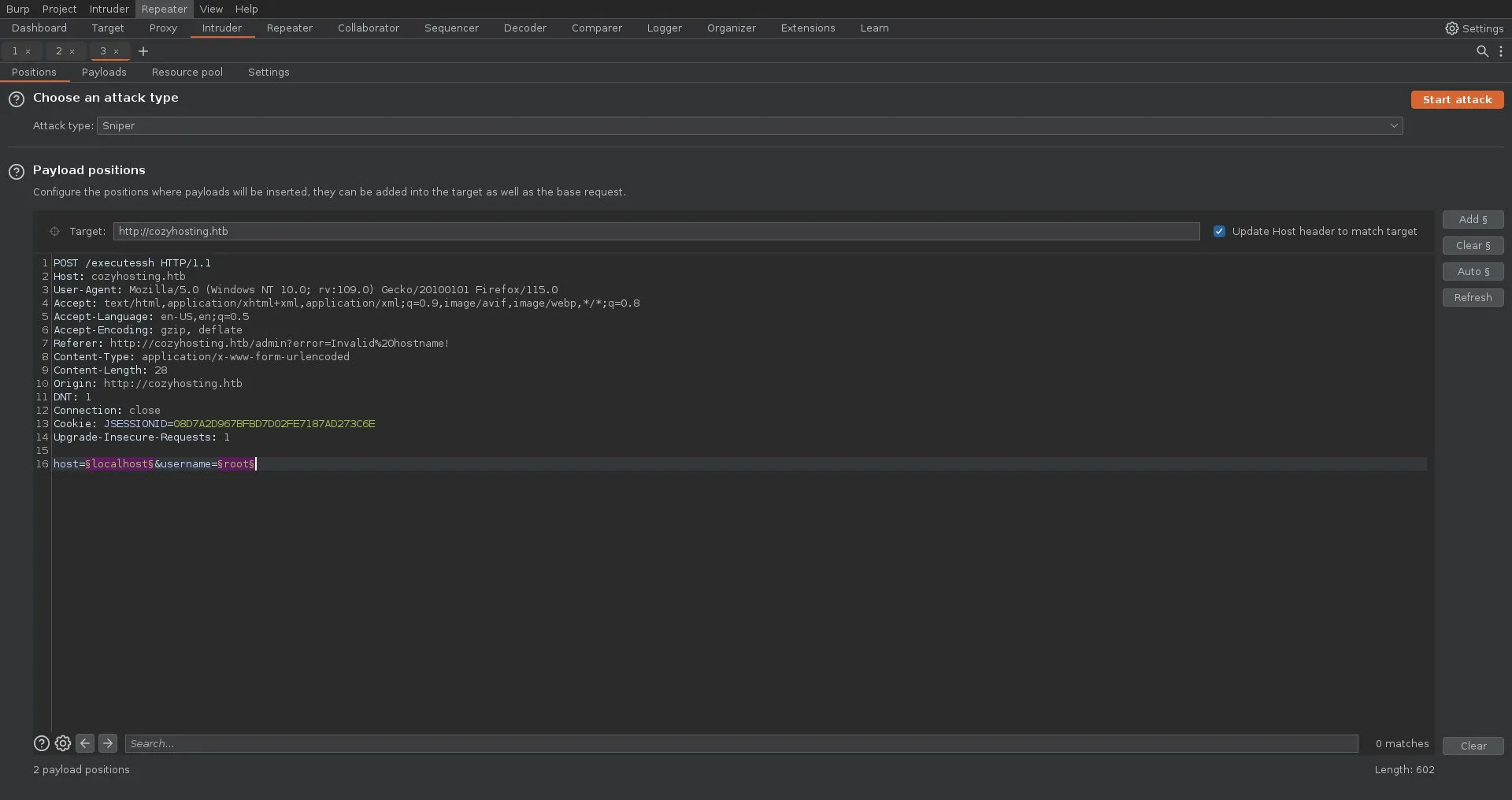 Showing intruder page in burp suite setting up fuzz