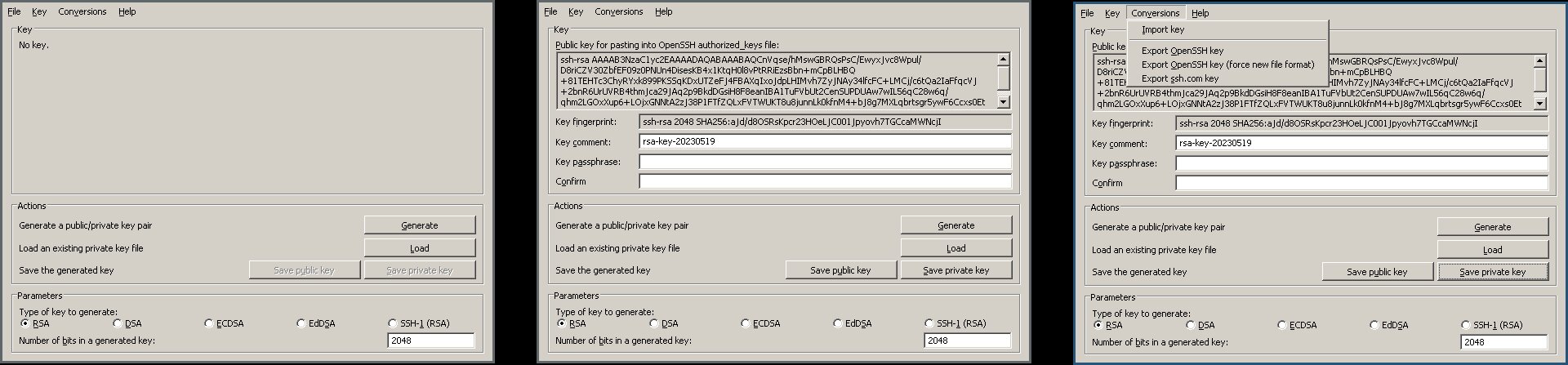 Pictures show steps on how to convert ppk key to openssh. Load (key) -> Conversions -> Export OpenSSH Key