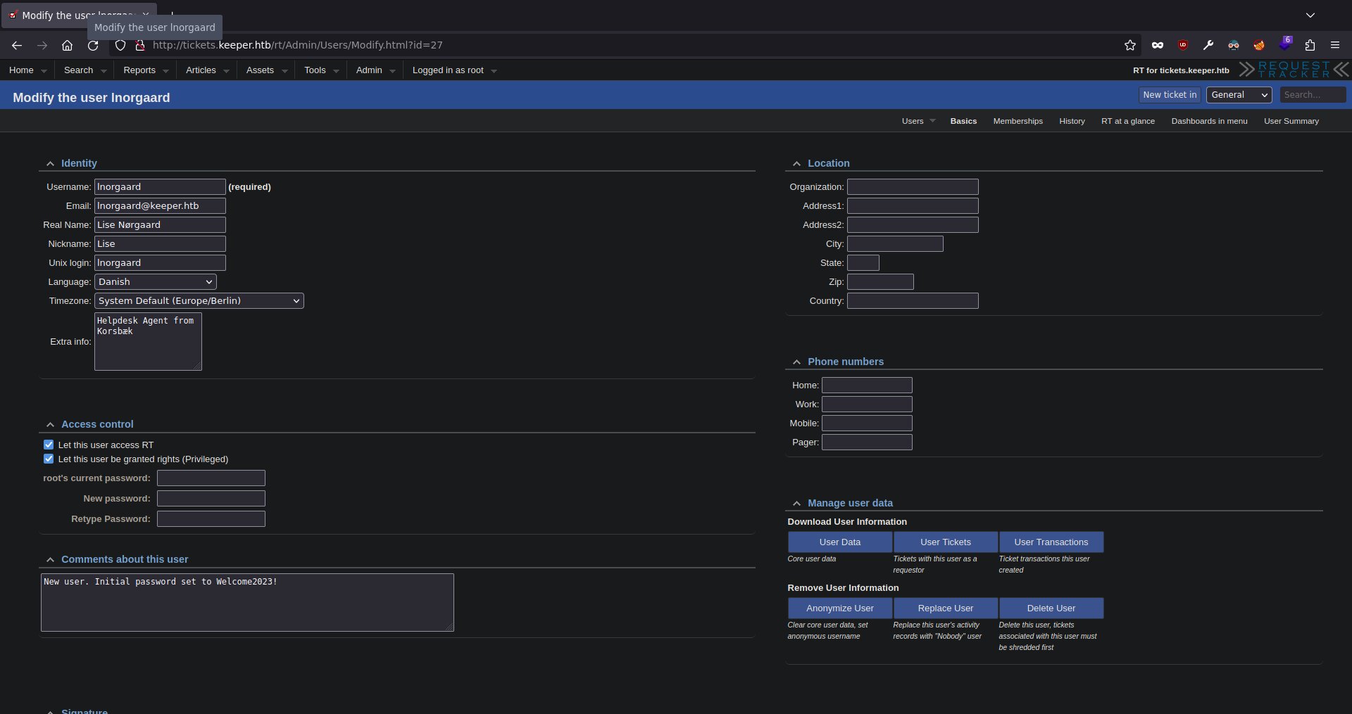 User edit page of the request tracker software showing interesting details about the Lise user