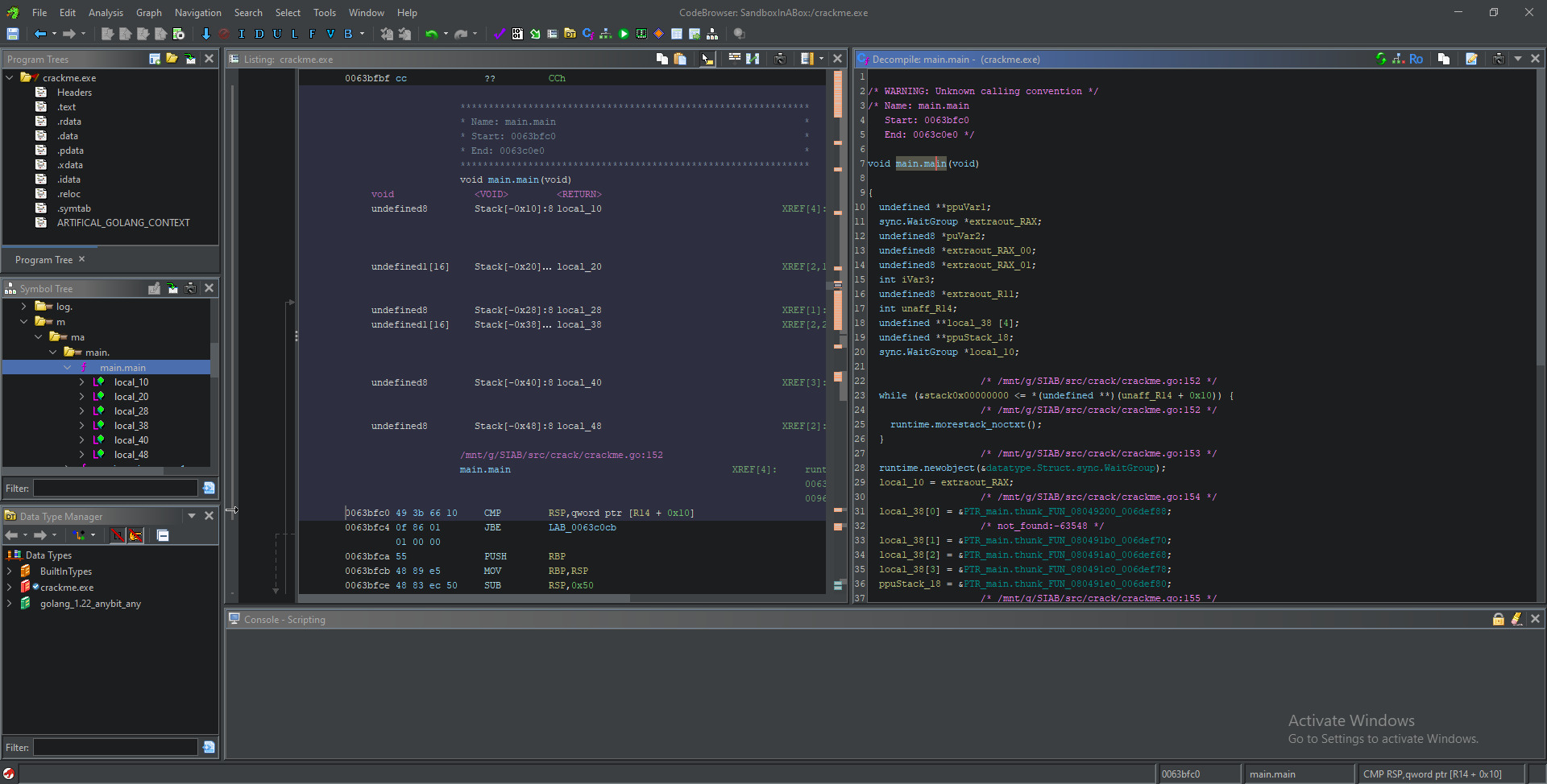 view of the main.main function after automatic analisys by the mentioned extension