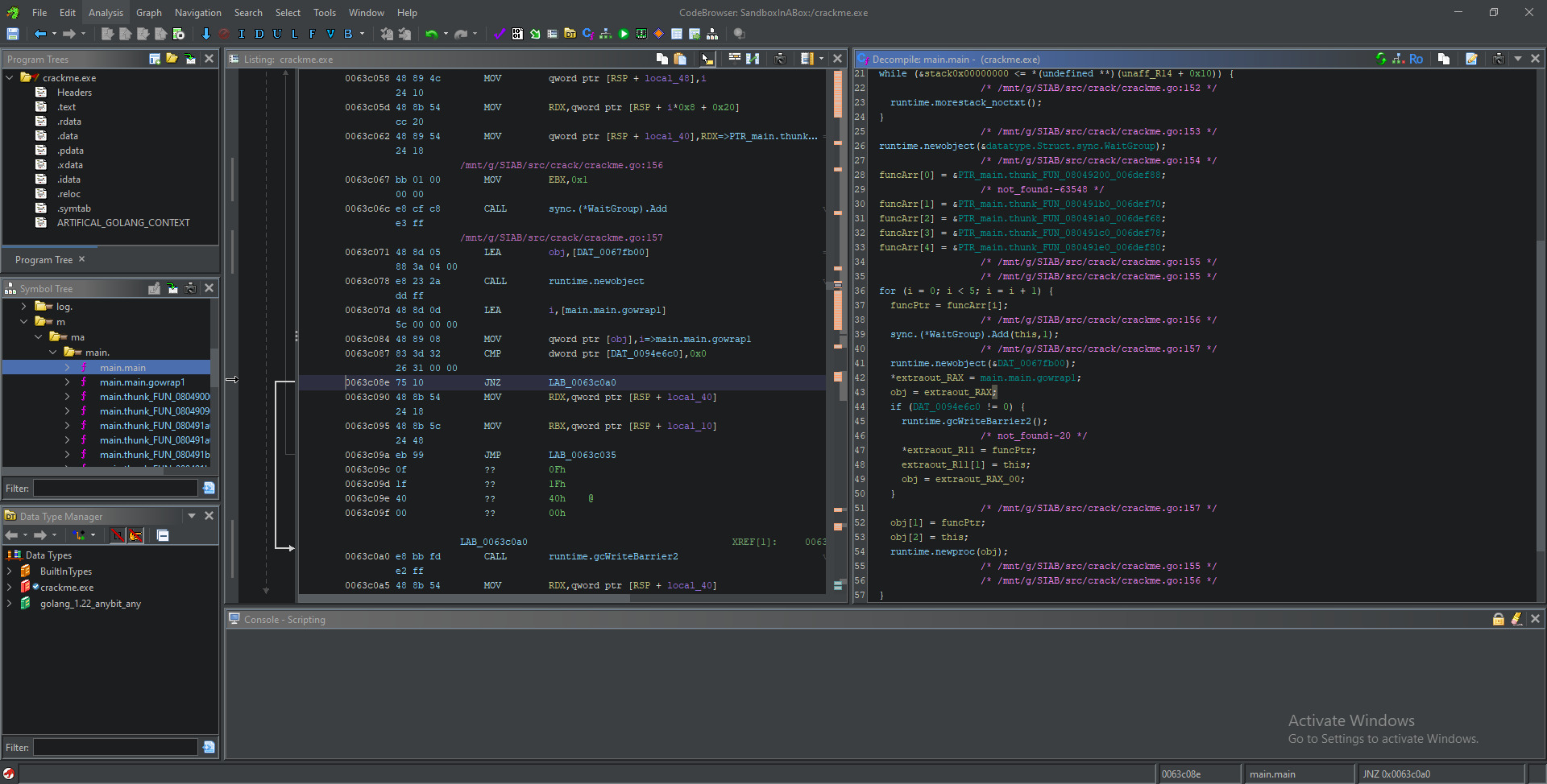 cleanup analysis of the main.main function showing an array of 5 function pointers