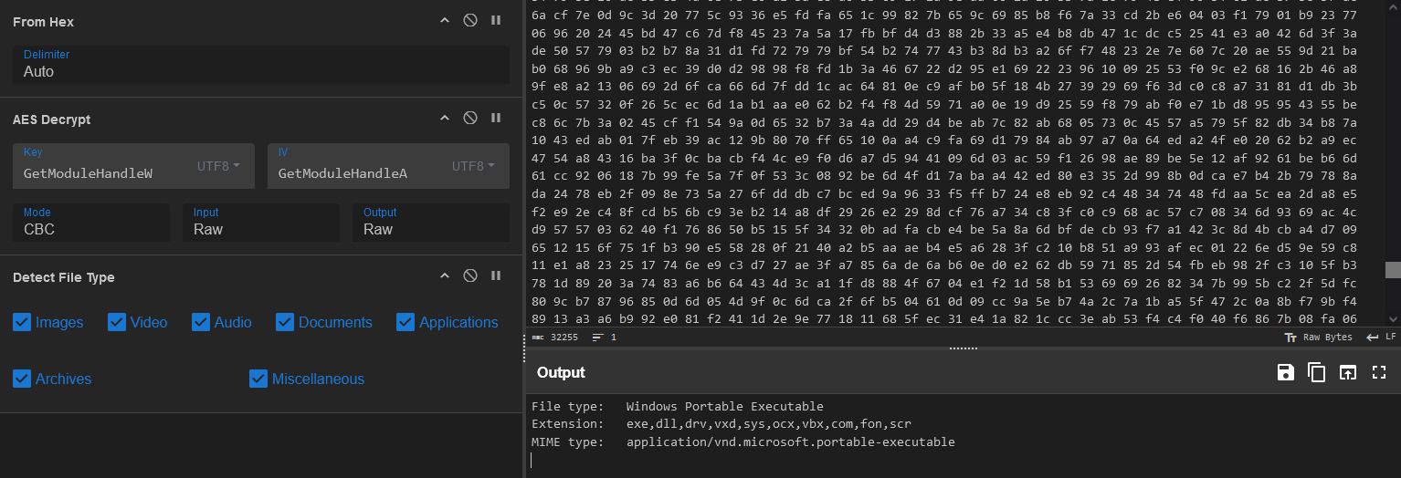 cyberchef interface showing the result of: Hex decode - AesCBC decrypt - File identify