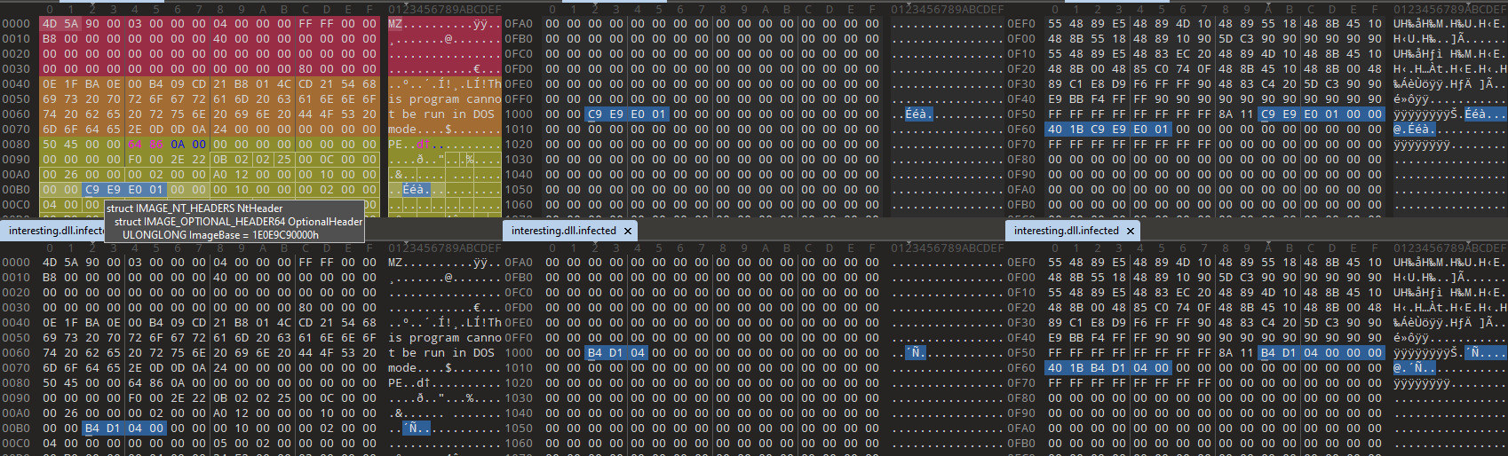 interface of the hex editor visualizing the differences