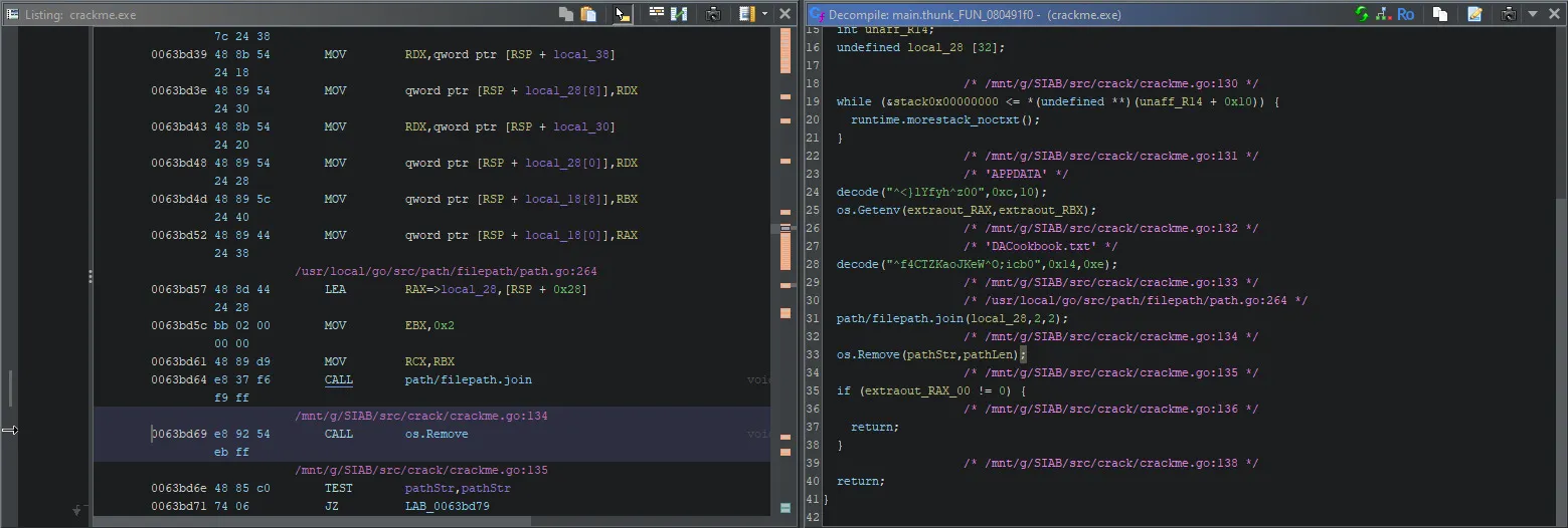 ghidra interface showing decompilation of the function deleting the file
