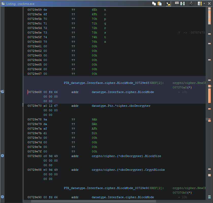 ghidra interface showing that the translated address found in rdx points to the beggining of Interface.cipher.BlockMode