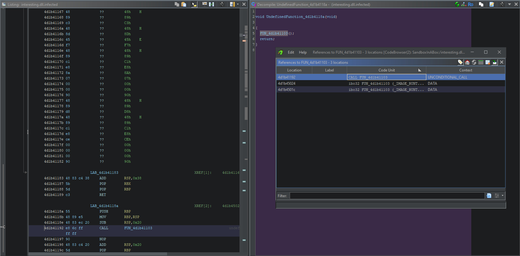 ghidra interface showing that references to the string initialization function are not found