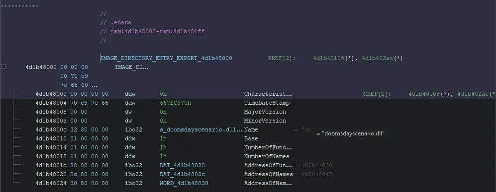 ghidra interface showing the export entry