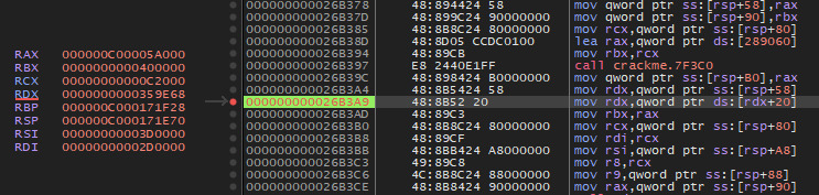 picture of the value of RDX inside of x64dbg after hitting a breakpoint on the operations before the call to the bottom function