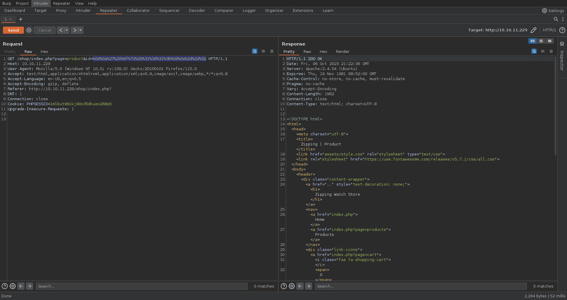 Burpsuite showing the encoded sql injection payload