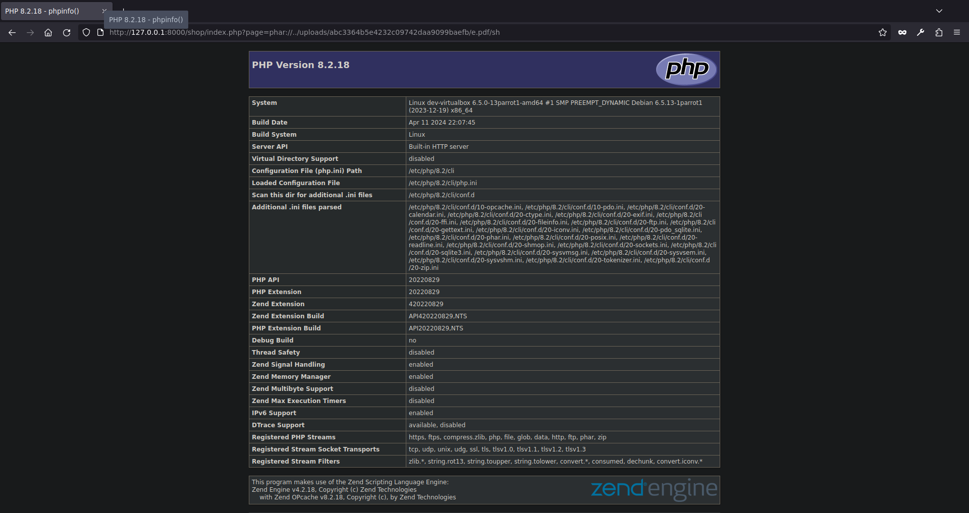 Rce through phar php filter using nested zip archives. Image shows php info.